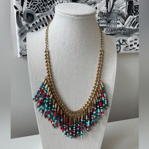 Goldtone Curb and Link Chain Necklace with Multicolor Bead Fringe